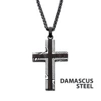 Black IP Damascus Steel Cross Pendant with Ebony Wood Inlay small