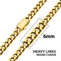 6mm High Polished 18Kt Gold IP Stainless Steel Heavy Miami Cuban Chain Necklace small