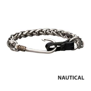 Stainless Steel & Antiqued Finish Hook with Black Leather Chain Bracelet BR37677