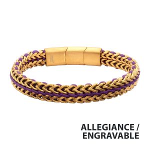 Matte Finish Gold IP Stainless Steel Foxtail Chain with Purple Wax Cord Bracelet small