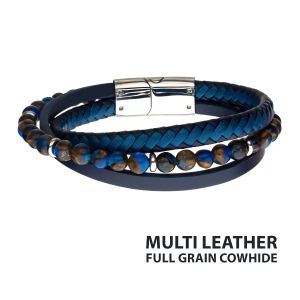 Pietersite Beads with Blue Full Grain Cowhide Leather Layered Bracelet BRLB1317