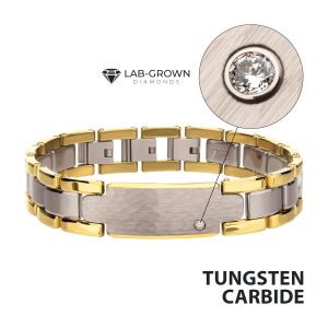 Genuine Lab-Grown Diamond on 18Kt Gold IP Tungsten Carbide Hammered ID Sizeable Link Bracelet thumb
