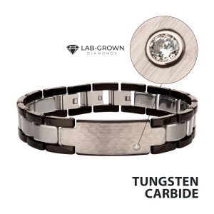 Genuine Lab-Grown Diamond on Black IP Tungsten Carbide Hammered ID Sizeable Link Bracelet thumb