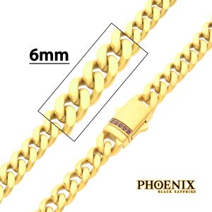 6mm 18Kt Gold IP Steel Matte Finish Miami Cuban Chain Necklace Genuine Black Sapphire thumb