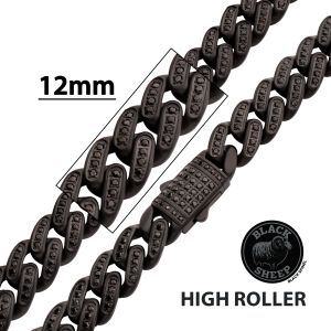 12mm Matte Blackout Miami Cuban Chain Necklace with CNC Set Black Spinel NSTC2512-22BK*