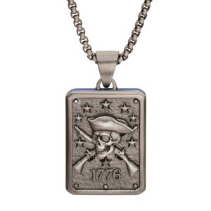EST. 1776: Antique Finish Stainless Steel Skull & Crossed Muskets Yankee Doodle Pendant with Hidden Flag Detail (PRE-ORDER: ETA 5/29/2026) small