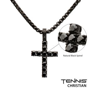 Natural Black Spinel High Polished Black IP Steel Cross Pendant small