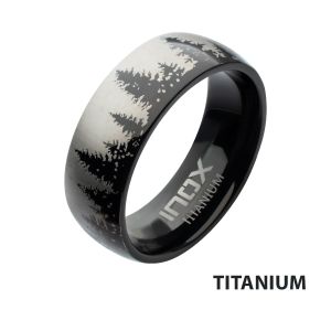 Evergreen Forest Treeline Design Black IP Titanium Comfort Fit Ring thumb